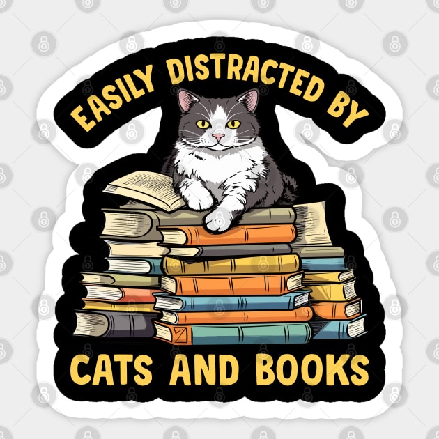 Easily Distracted by Cats and Books Funny Cat Lover Sticker by Rosemat